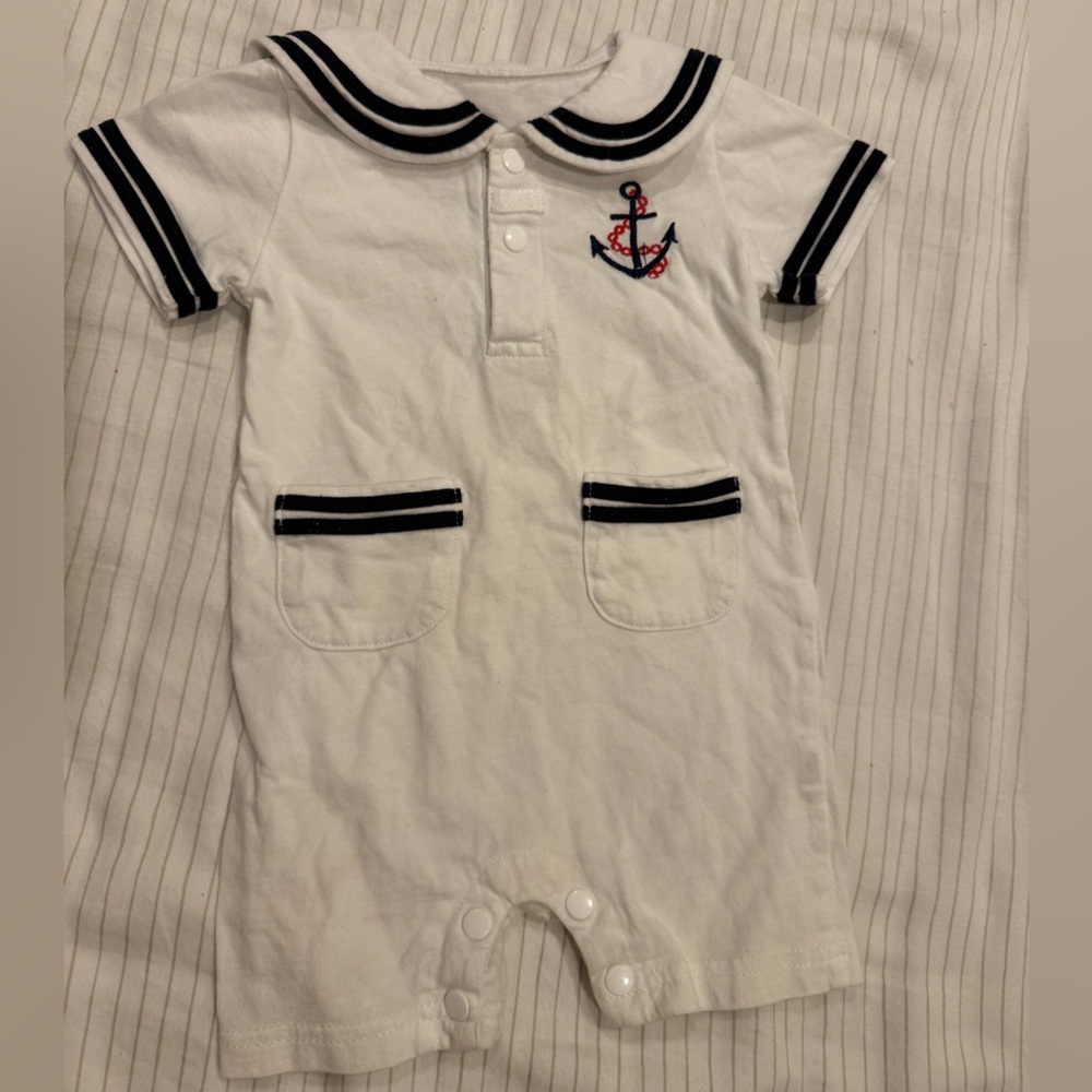 Vintage Sailor-Style White Romper with Navy Trim